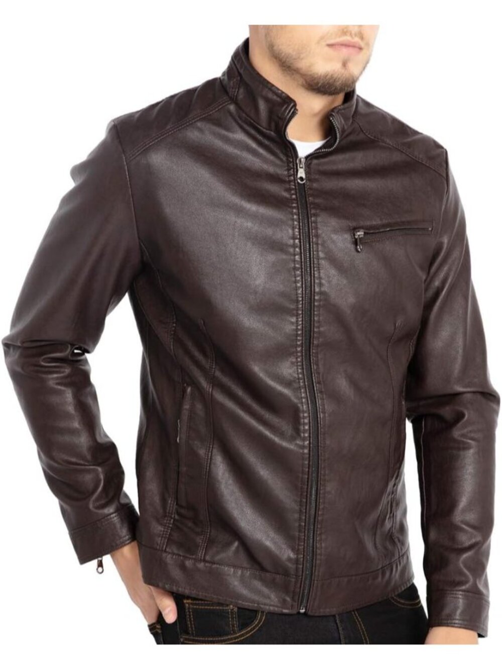 Men’s Coffee Faux Leather Motorcycle Jacket Stand Collar Lightweight Biker Coat